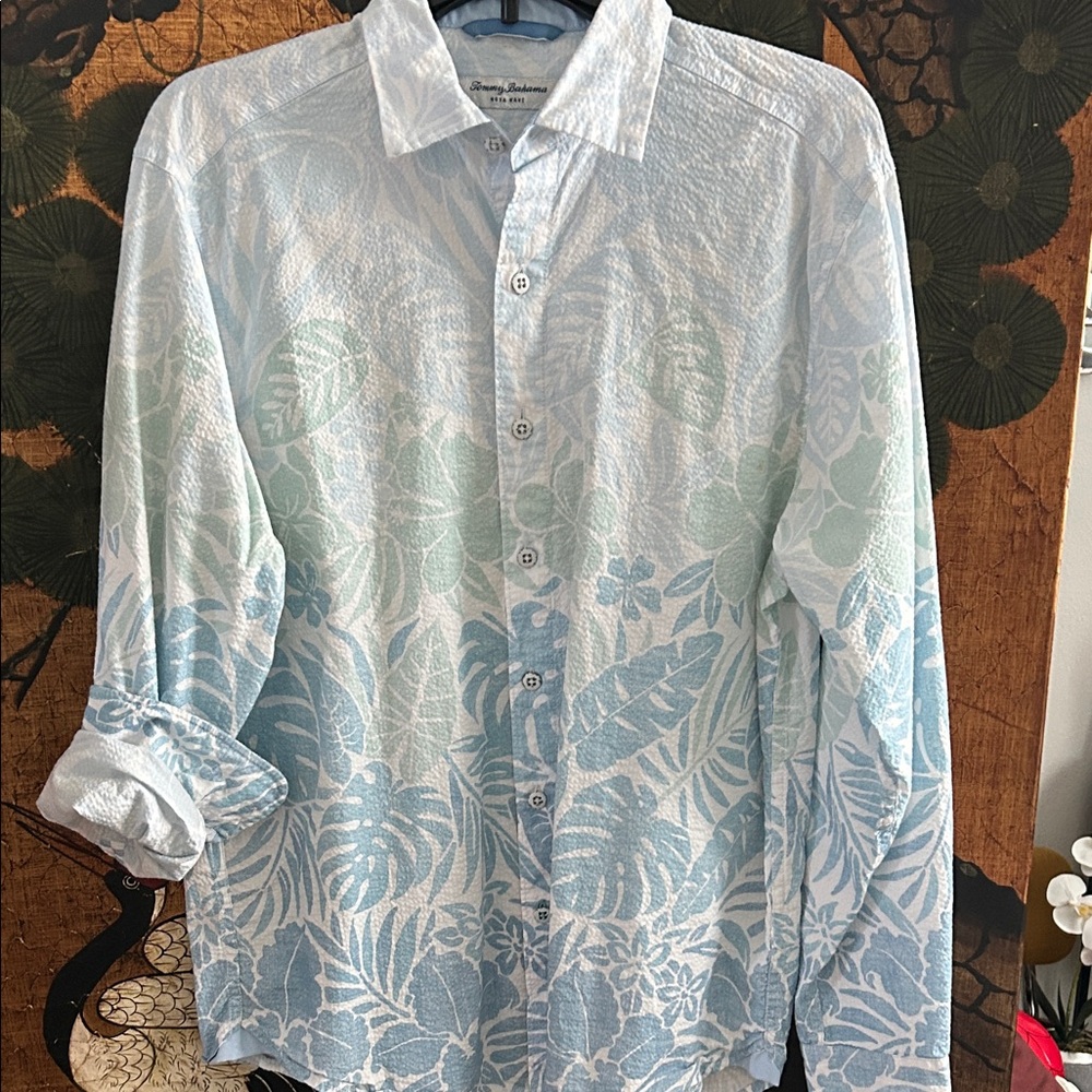 Tommy Bahama Light Blue, Light Green and White Ombré Leaf Print Shirt